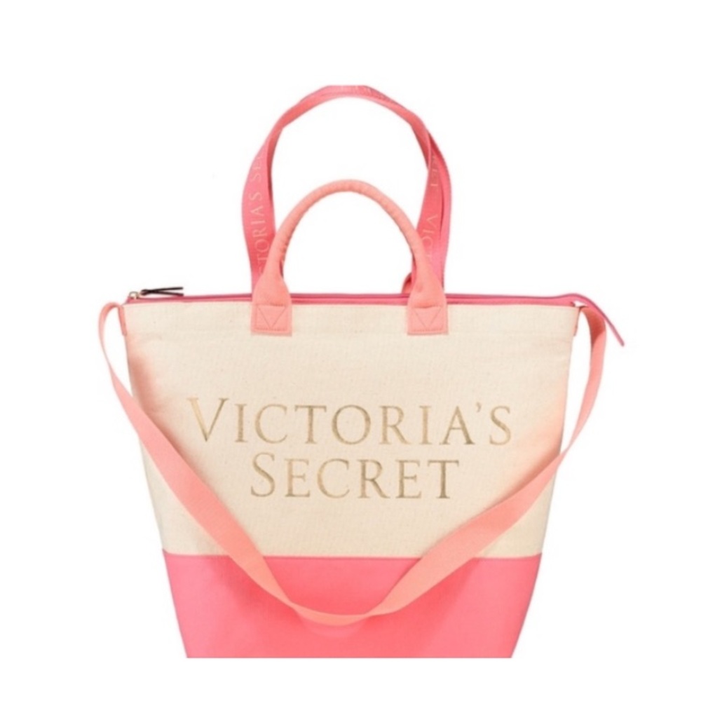 Victoria's Secret Canvas Gold Beach Tote Bag Handles Shoulder Strap Weekender